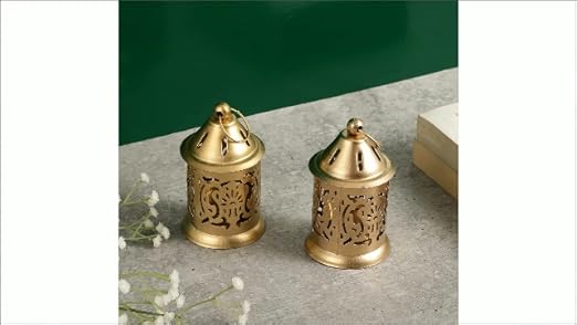 Arwan's Iron Set Of 2 Small Decorative Lantern Candle Holders For Home Decoration. Perfect For Home Decor, Parties & Events, Table Top - Gold - 4 Inches