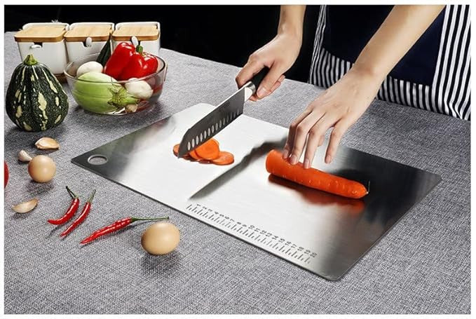 Stomata Garden's Countertop Stainless Steel Worktop Platform Round Edge, Chopping Board for Kitchen, Baking,Fruit and Vegetable Cutting & Chopping Board (Pack of 1) (350 * 250mm Hole Handle)
